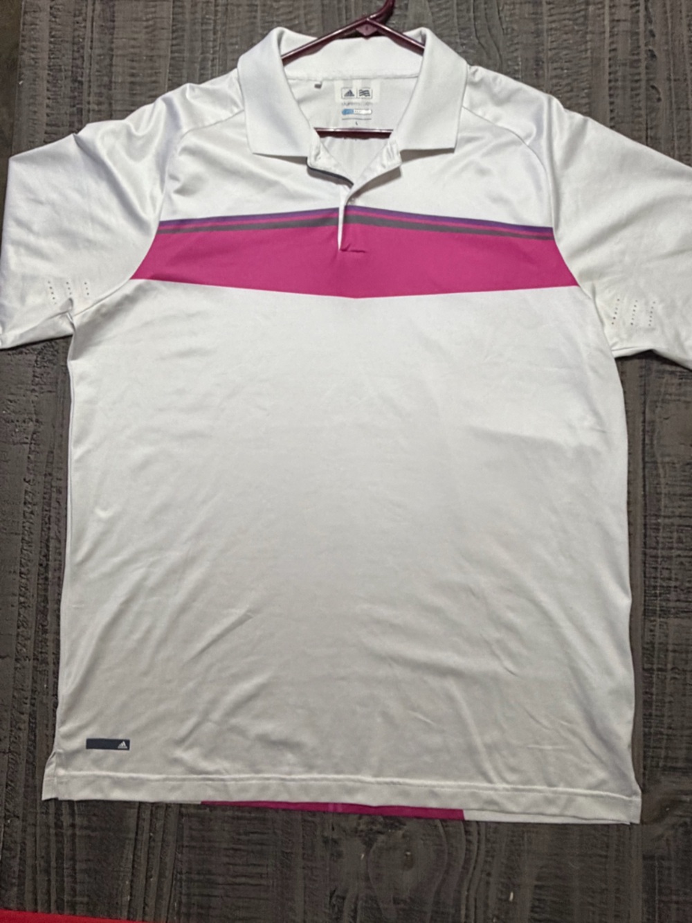 adidas PureMotion White Golf Polo with Navy & Pink Trim